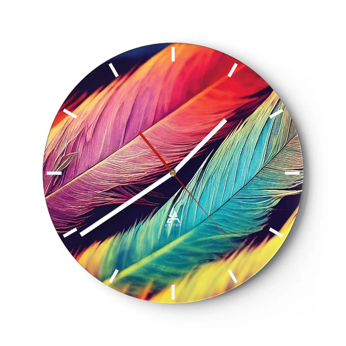 Wanduhr - Glasuhr - Bunte Federn in intensiven Farben bilden einen Regenbogen - 30x30cm - Gefiederter Regenbogen - Moderne Wanddekoration für Wohnzimmer, Küche und Schlafzimmer ARTTOR