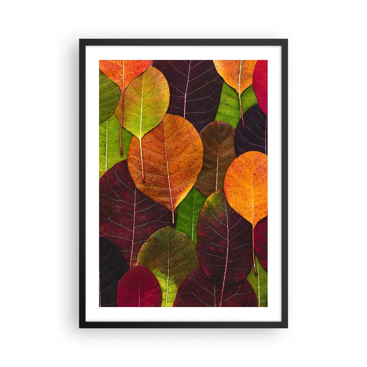 Poster in einem schwarzem Rahmen - Bunte Blätter in Grün-, Orange- und Rottönen, angeordnet in einem Mosaikmuster - 50x70cm - Herbstmosaik - Moderne Wanddekoration für Wohnzimmer und Schlafzimmer ARTTOR