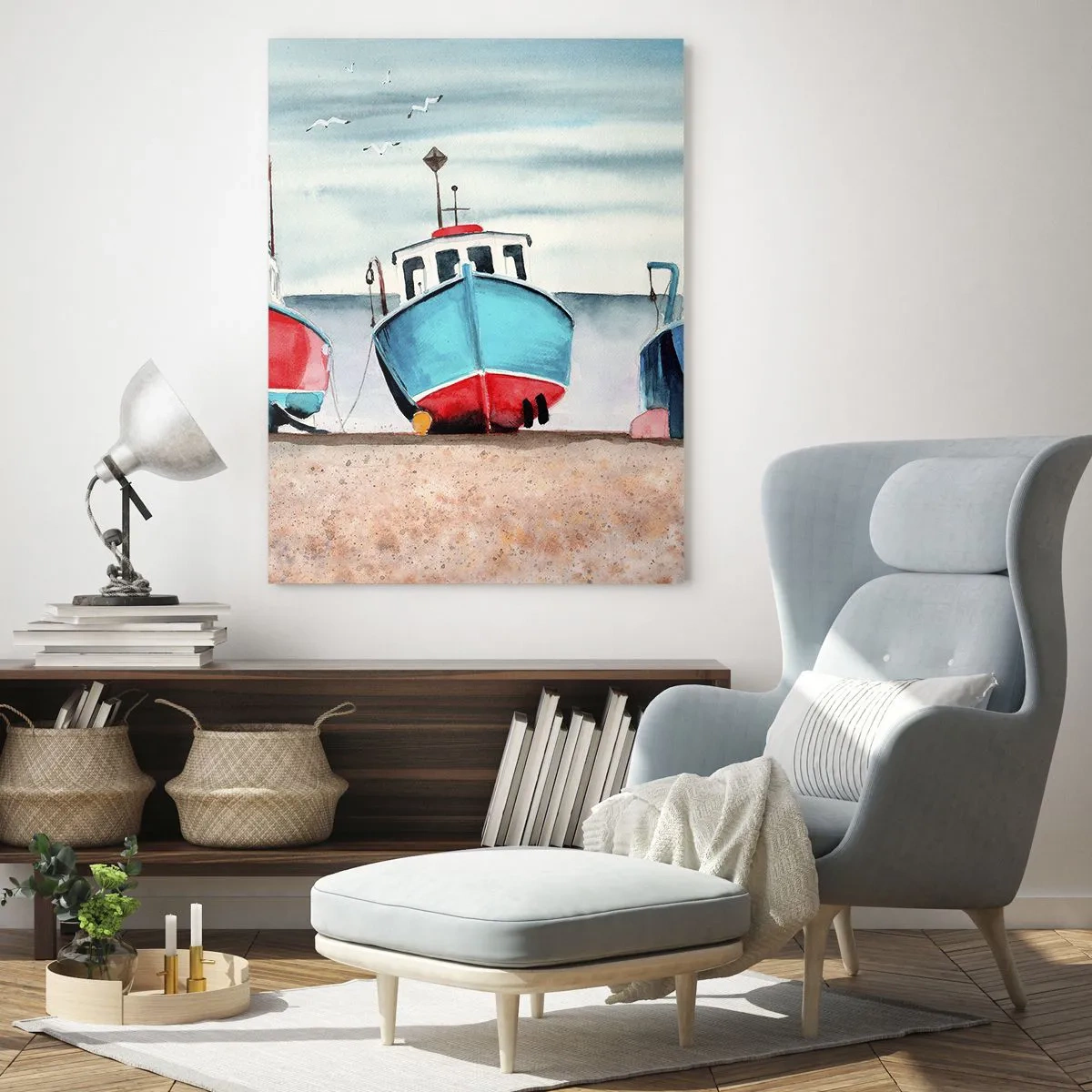 Glasbild - Bild auf glas - Bunte Fischerboote am Ufer in einer Meereslandschaft - 70x100cm - Bereit zum Fang - Moderne Wanddekoration für Wohnzimmer und Schlafzimmer ARTTOR