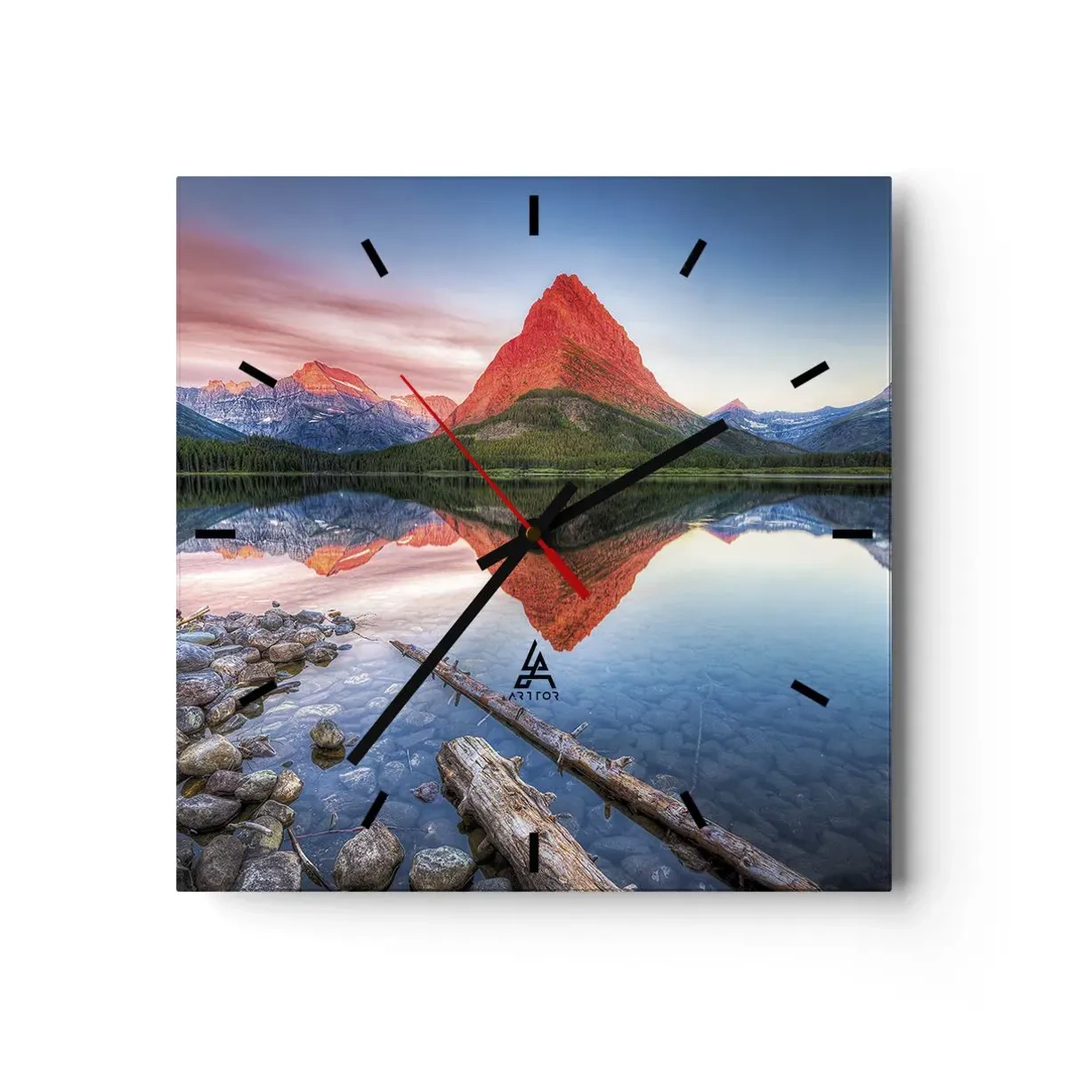 Wanduhr - Glasuhr - Ein Berg, der sich bei Sonnenuntergang in einem See spiegelt - 30x30cm - Hitze und Kälte - Moderne Wanddekoration für Wohnzimmer und Schlafzimmer ARTTOR