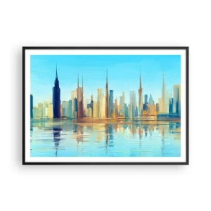 Poster in einem schwarzem Rahmen - Ein Panorama der Stadt in warmen Farben mit Spiegelung im Wasser - 100x70cm - Sonnige Metropole - Moderne Wanddekoration für Wohnzimmer und Schlafzimmer ARTTOR