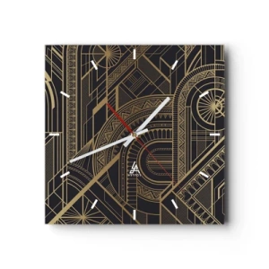 Wanduhr - Glasuhr - Goldene geometrische Muster auf schwarzem Hintergrund im Art-Deco-Stil - 30x30cm - Konzepte, Ideen, Pläne - Moderne Wanddekoration für Wohnzimmer und Schlafzimmer ARTTOR