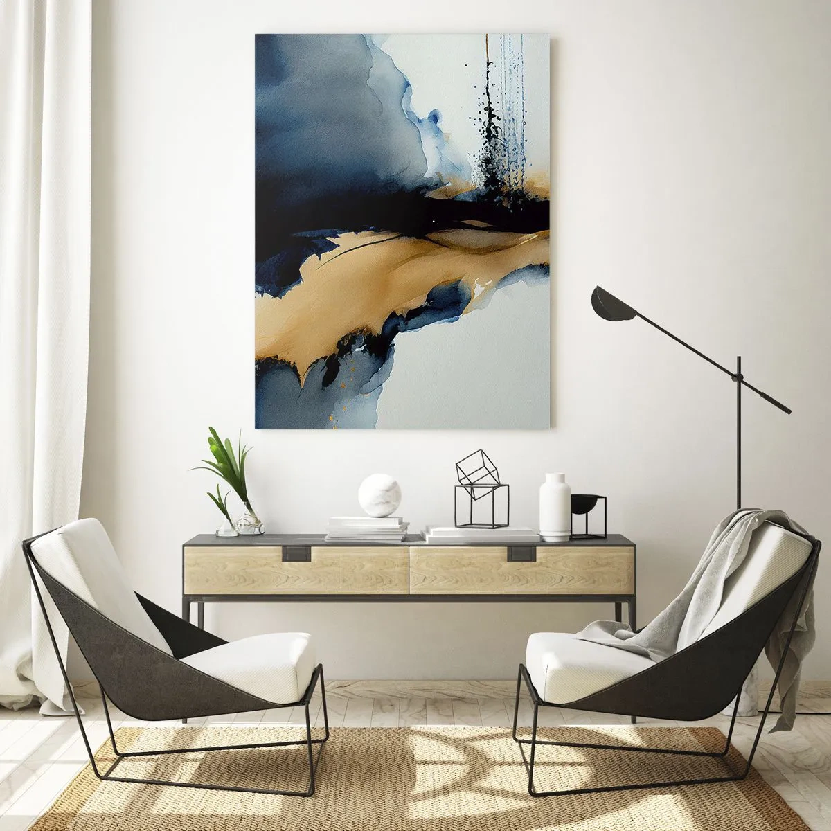 Glasbild - Bild auf glas - Eine abstrakte Komposition in Marineblau- und Beigetönen - 50x70cm - Hinter dem Vorhang - Moderne Wanddekoration für Wohnzimmer und Schlafzimmer ARTTOR