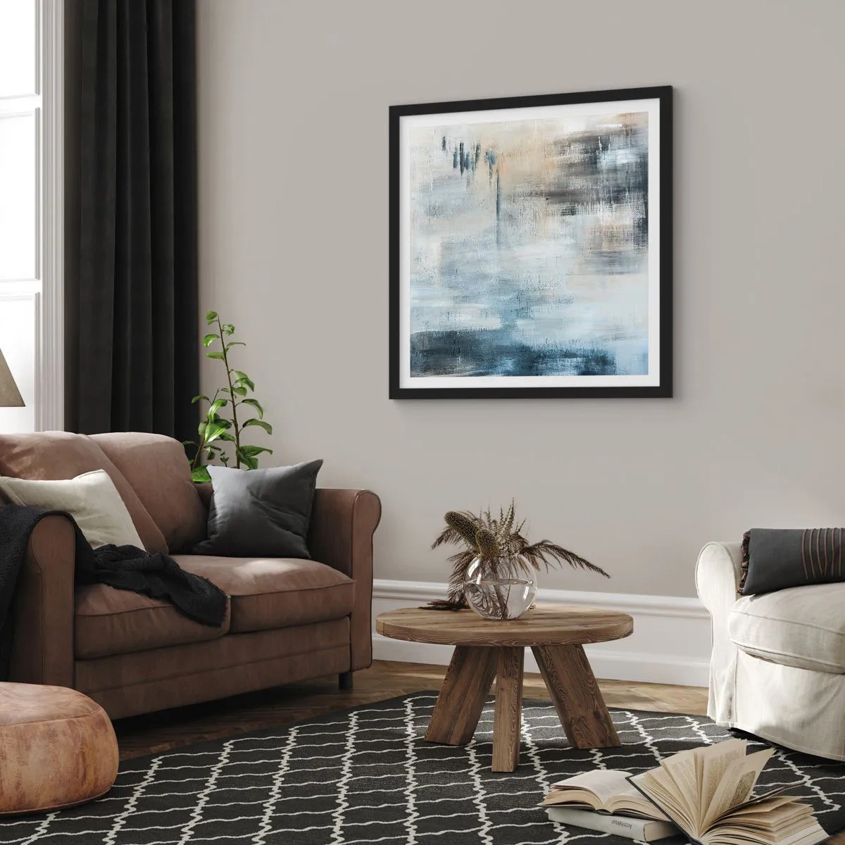 Poster in einem schwarzem Rahmen - Hinter dem blauen Vorhang - 60x60 cm