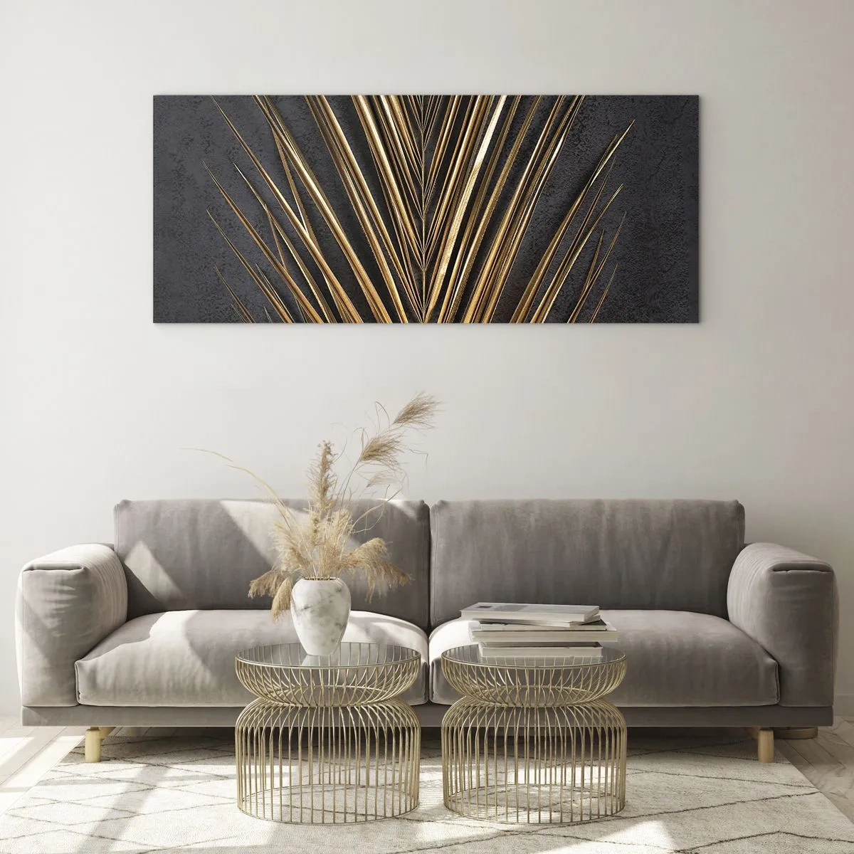 Glasbild - Bild auf glas - Goldenes tropisches Blatt auf schwarzem Hintergrund - 120x50cm - Das Gold der Tropen - Moderne Wanddekoration für Wohnzimmer und Schlafzimmer ARTTOR