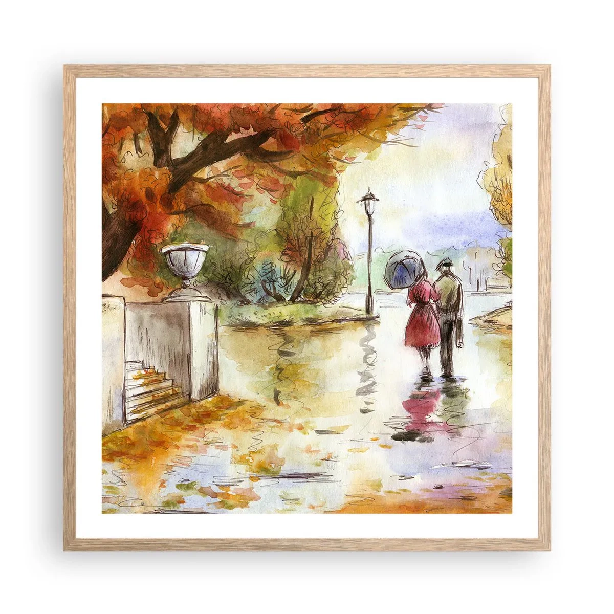 Poster in einem Rahmen aus heller Eiche - Romantischer Herbst im Park - 60x60 cm