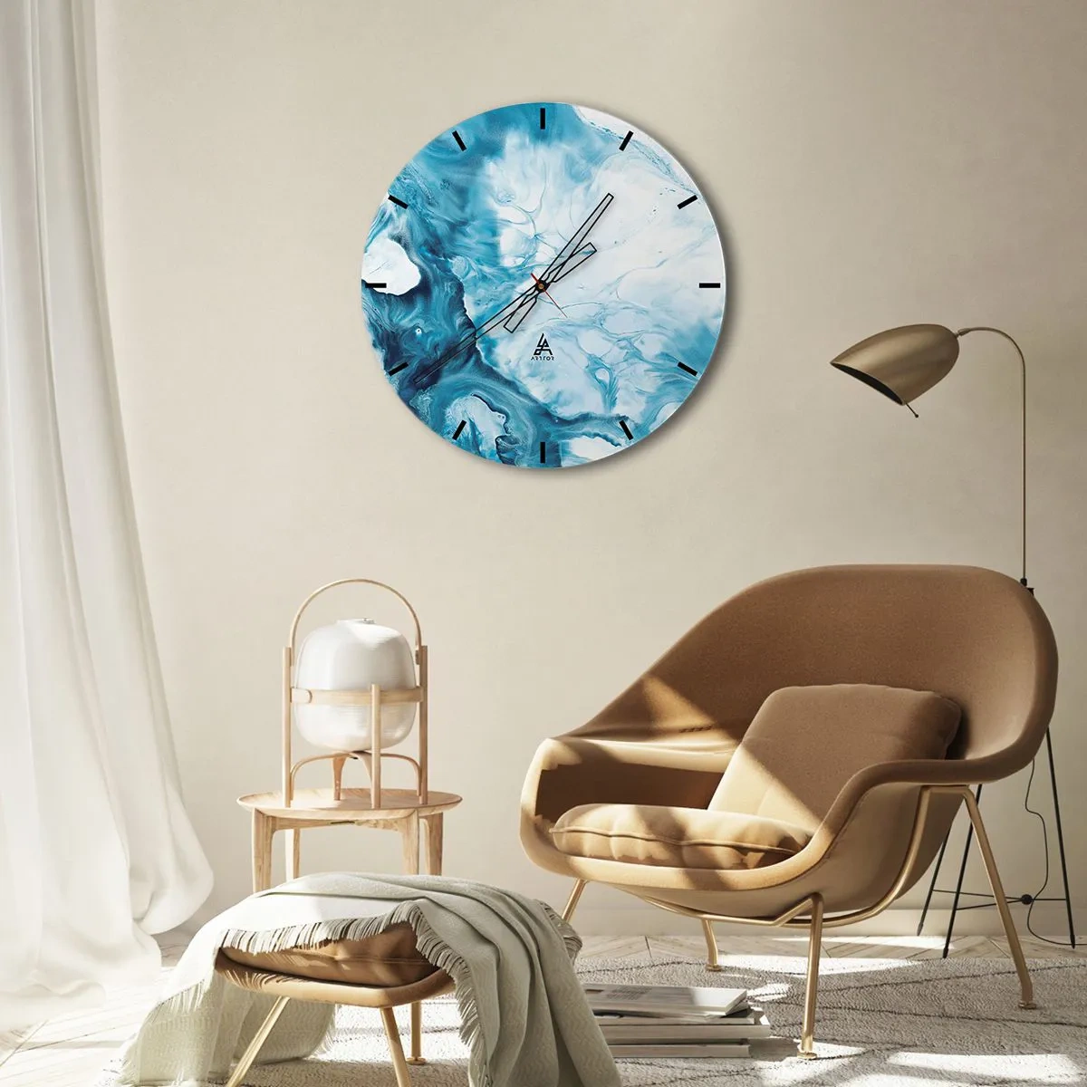 Wanduhr - Glasuhr - Abstrakte blaue Wellen in Weiß- und Türkistönen - 30x30cm - Blaues Konzert - Moderne Wanddekoration für Wohnzimmer, Küche und Schlafzimmer ARTTOR