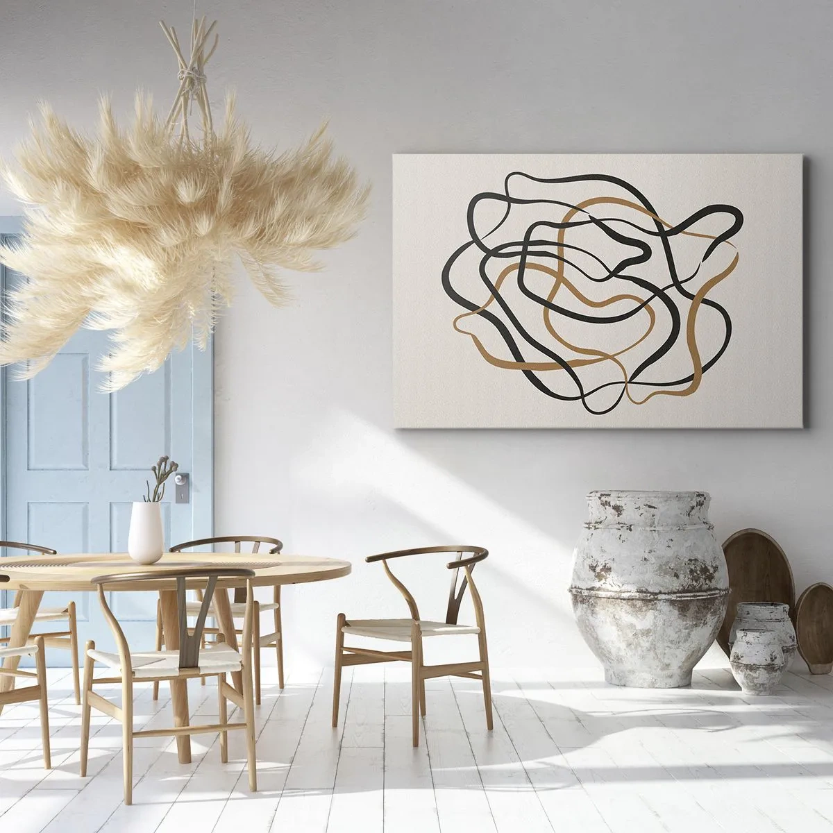 Bild auf Leinwand - Leinwandbild - Verworrene Linien in Schwarz und Gold auf hellem Hintergrund - 70x50cm - Alles ging schief - Moderne Wanddekoration für Wohnzimmer und Schlafzimmer ARTTOR