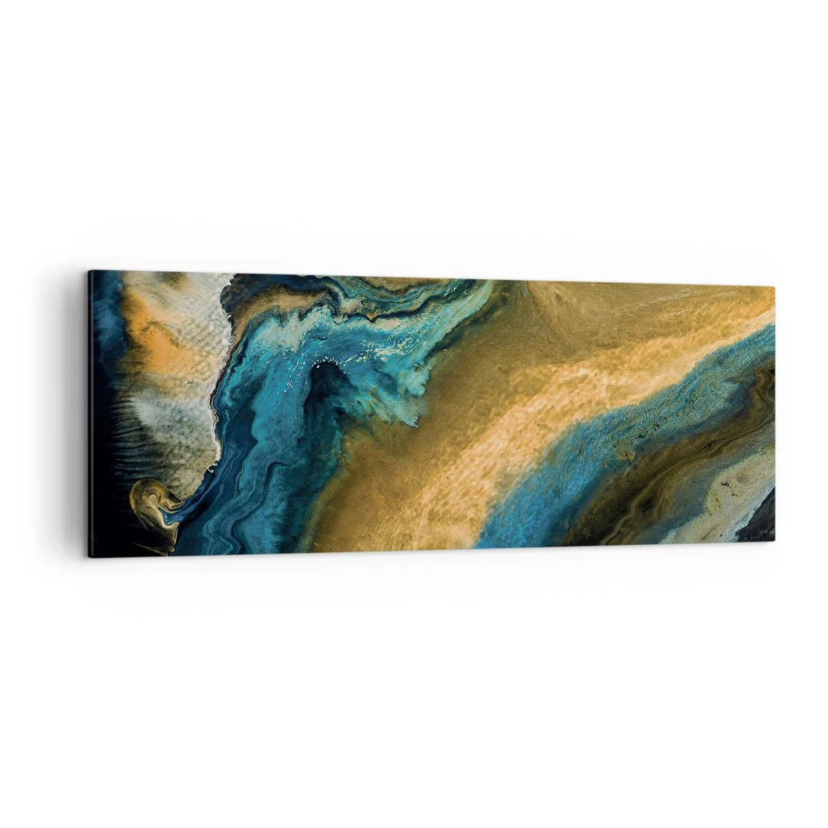 Bild auf Leinwand - Leinwandbild - Abstrakte Wellen in Gold- und Blautönen - 140x50cm - Blau - Gelb - gegenseitige Beeinflussung - Moderne Wanddekoration für Wohnzimmer und Schlafzimmer ARTTOR