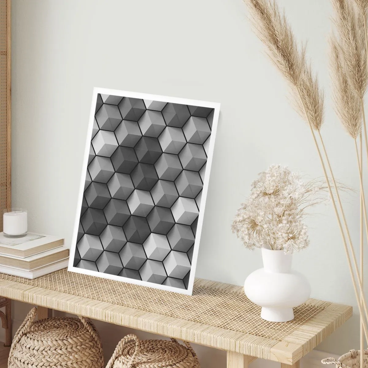 Poster - Schwarz-Weiß-Komposition aus geometrischen 3D-Würfeln - 50x70cm - Kubistisches Puzzle - Moderne Wanddekoration für Wohnzimmer und Schlafzimmer ARTTOR