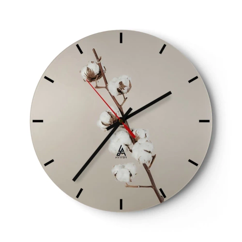 Wanduhr - Glasuhr - Ein Zweig Baumwolle auf beigem Hintergrund im minimalistischen Stil - 30x30cm - An der Quelle der Weichheit - Moderne Wanddekoration für Wohnzimmer, Küche und Schlafzimmer ARTTOR