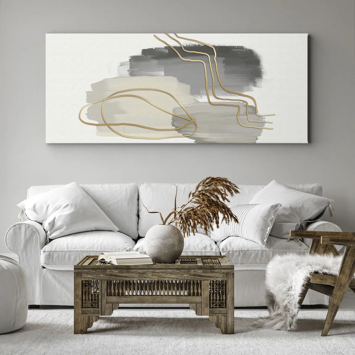Bild auf Leinwand - Leinwandbild - Abstrakte goldene Linien auf grauem Hintergrund - 140x50cm - Dauer und Bewegung - Moderne Wanddekoration für Wohnzimmer und Schlafzimmer ARTTOR
