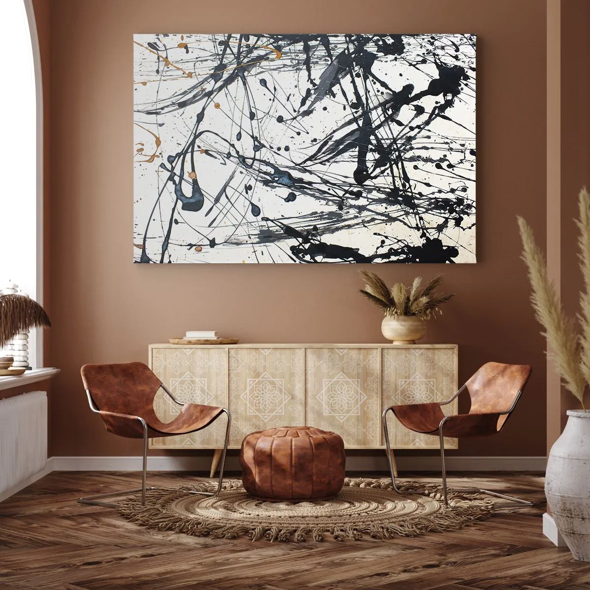 Bild auf Leinwand - Leinwandbild - Abstraktes Malmuster mit dynamischen Linien und Punkten - 70x50cm - Sinn machen oder keinen Sinn machen? - Moderne Wanddekoration für Wohnzimmer und Schlafzimmer ARTTOR