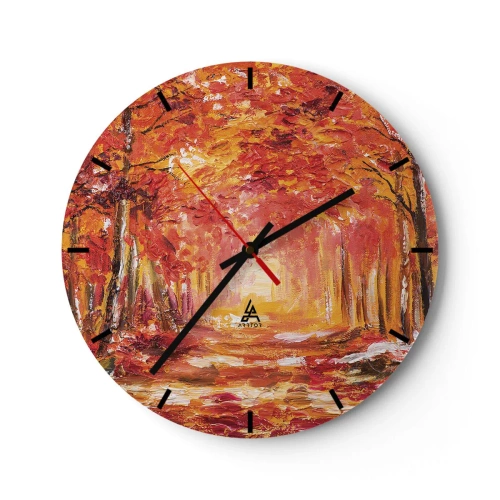 Wanduhr - Glasuhr - Herbstwald in warmen Rot- und Orangetönen - 30x30cm - Kupferwald - Moderne Wanddekoration für Wohnzimmer, Küche und Schlafzimmer ARTTOR