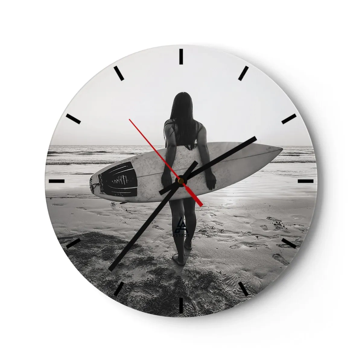 Wanduhr - Glasuhr - Minimalistische Abstraktion mit schwarzen Linien und einem roten Kreis - 30x30cm - Die Tochter der Meereswelle - Moderne Wanddekoration für Wohnzimmer, Küche und Schlafzimmer ARTTOR