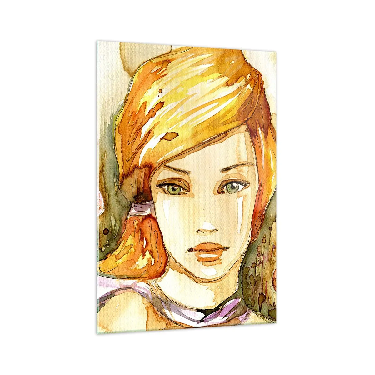 Glasbild - Bild auf glas - Porträt einer Frau in Aquarellfarben mit intensivem Blick - 70x100cm - Ein smaragdgrüner Look, der die Wut beruhigt - Moderne Wanddekoration für Wohnzimmer und Schlafzimmer ARTTOR
