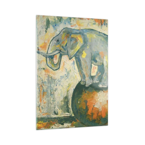 Glasbild - Bild auf glas - Abstrakter Elefant, der auf einem Ball balanciert - 50x70cm - Es lebe der Zirkus! - Moderne Wanddekoration für Wohnzimmer und Schlafzimmer ARTTOR