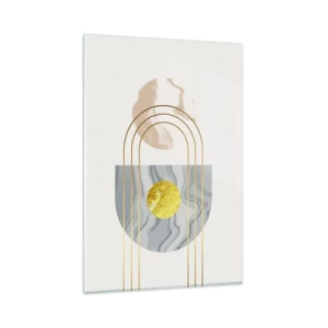 Glasbild - Bild auf glas - Abstrakte Komposition mit Kreisen und goldenen Linien auf hellem Hintergrund. - 80x120cm - Helligkeit und Brillanz - Moderne Wanddekoration für Wohnzimmer und Schlafzimmer ARTTOR