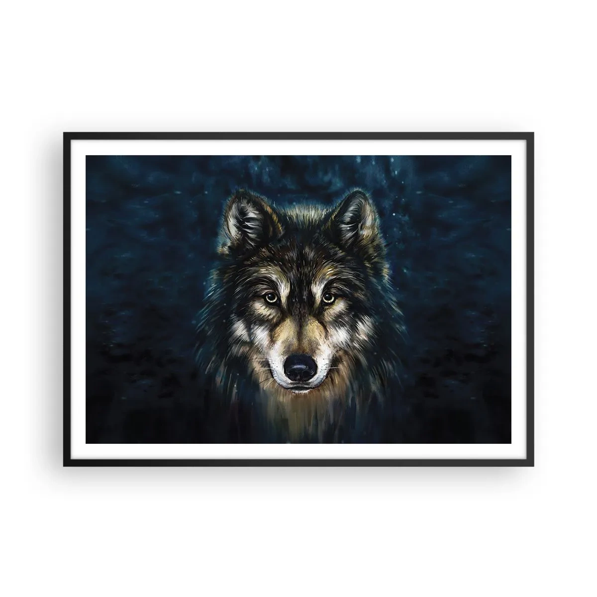 Poster in einem schwarzem Rahmen - Porträt eines Wolfes auf dunkelblauem Hintergrund - 100x70cm - Alpha? Und Omega - Moderne Wanddekoration für Wohnzimmer und Schlafzimmer ARTTOR