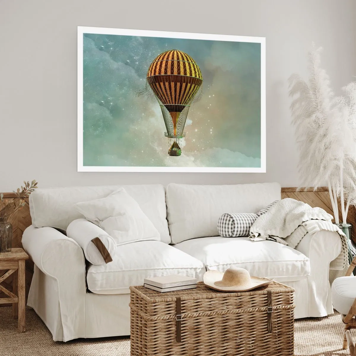 Poster - Ein Heißluftballon, der zwischen den Wolken schwebt - 100x70cm - Pionierflüge - Moderne Wanddekoration für Wohnzimmer und Schlafzimmer ARTTOR