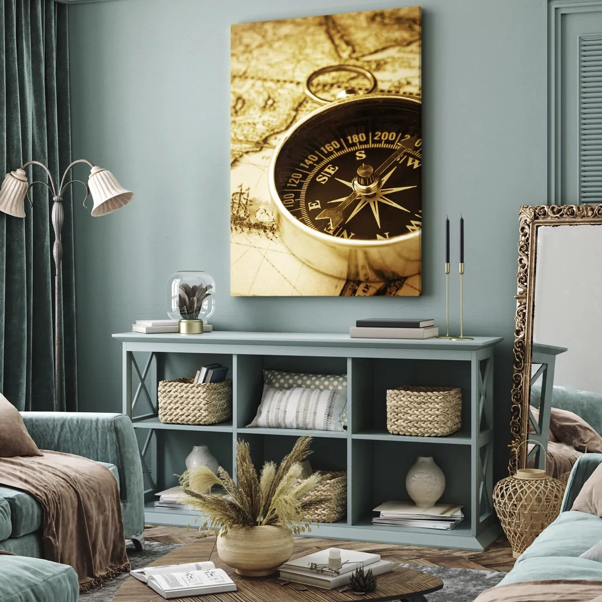 Bild auf Leinwand - Leinwandbild - Ein antiker Kompass vor dem Hintergrund einer alten Weltkarte - 80x120cm - Ost oder West? - Moderne Wanddekoration für Wohnzimmer und Schlafzimmer ARTTOR