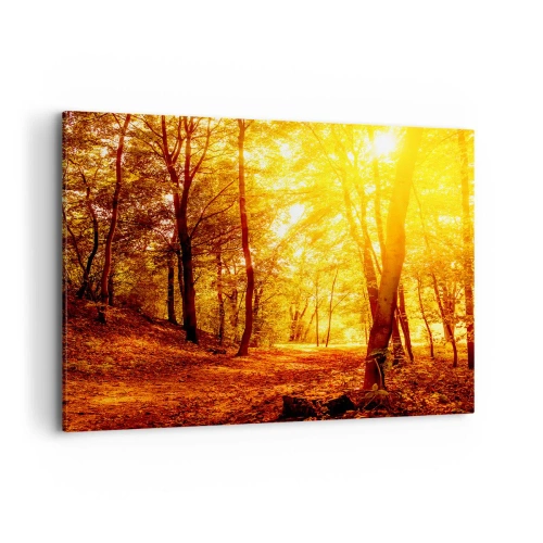 Bild auf Leinwand - Leinwandbild - Herbstlichtung im goldenen Sonnenlicht mit einem Waldweg - 100x70cm - Auf die goldene Lichtung - Moderne Wanddekoration für Wohnzimmer und Schlafzimmer ARTTOR