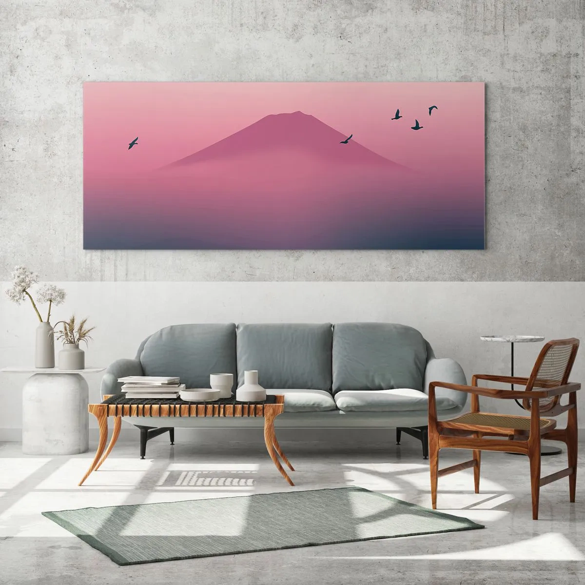 Glasbild - Bild auf glas - Eine minimalistische Landschaft mit einem Berg und Vögeln bei Sonnenaufgang - 160x50cm - Wanderer über den Wolken - Moderne Wanddekoration für Wohnzimmer und Schlafzimmer ARTTOR
