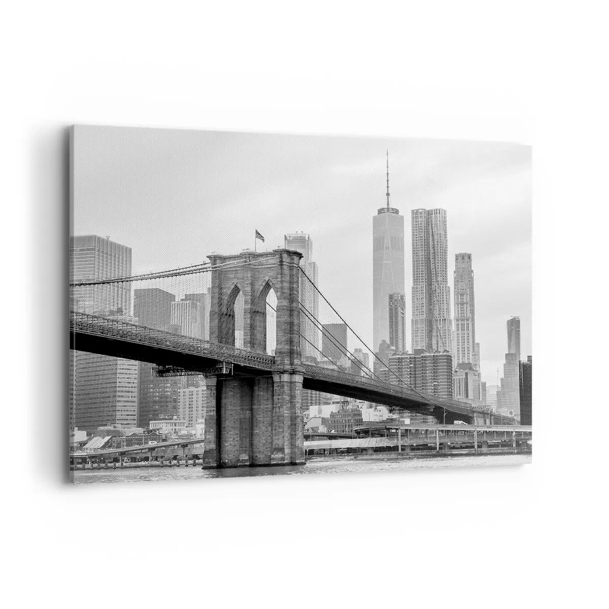 Bild auf Leinwand - Leinwandbild - Brooklyn Bridge mit New Yorker Wolkenkratzern im Hintergrund - 100x70cm - New Yorker Atmosphäre - Moderne Wanddekoration für Wohnzimmer und Schlafzimmer ARTTOR