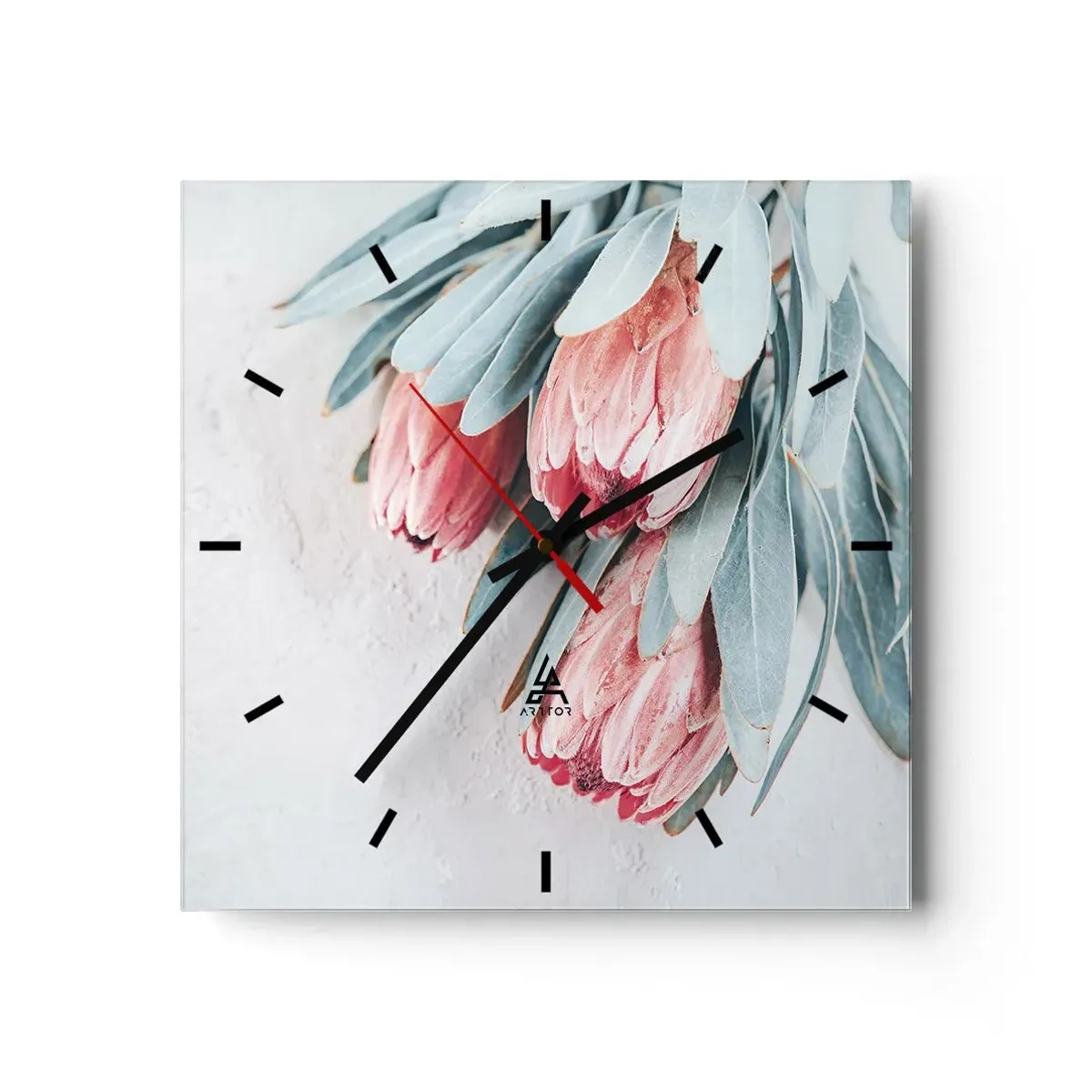 Wanduhr - Glasuhr - Dezente rosa Protea-Blüten auf hellem Hintergrund - 30x30cm - Schämen sich für ihre eigene Schönheit - Moderne Wanddekoration für Wohnzimmer und Schlafzimmer ARTTOR