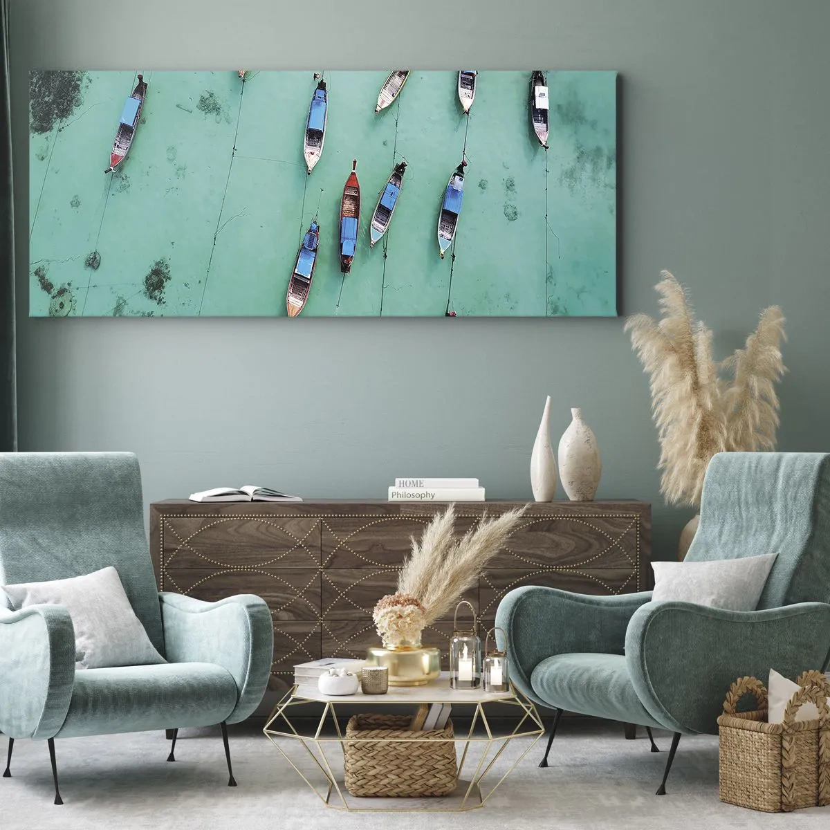 Bild auf Leinwand - Leinwandbild - Boote auf türkisfarbenem Wasser aus der Vogelperspektive - 140x50cm - In freudiger Erwartung - Moderne Wanddekoration für Wohnzimmer und Schlafzimmer ARTTOR