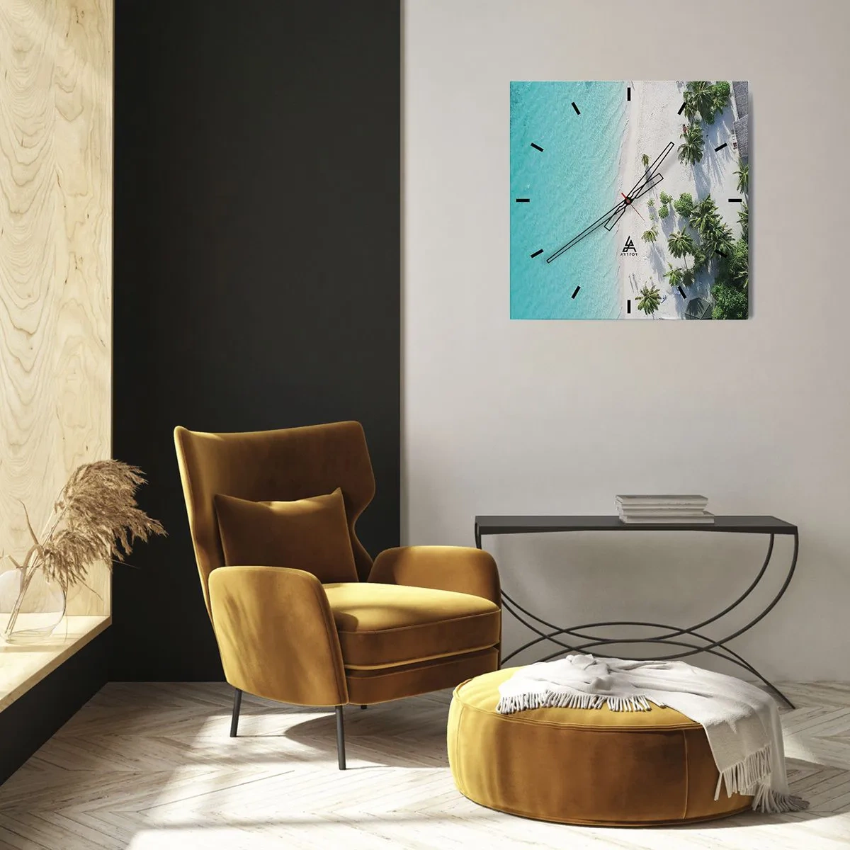 Wanduhr - Glasuhr - Eine Vogelperspektive auf einen tropischen Strand mit türkisfarbenem Wasser und Palmen - 30x30cm - Urlaub im Paradies - Moderne Wanddekoration für Wohnzimmer und Schlafzimmer ARTTOR