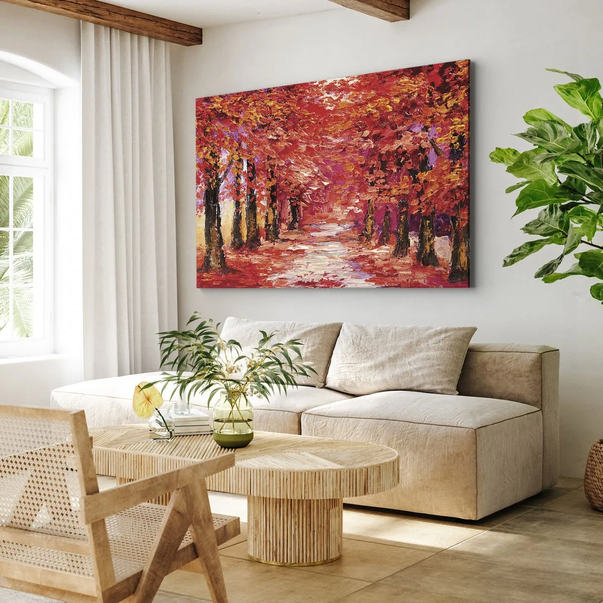 Bild auf Leinwand - Leinwandbild - Eine malerische Gasse in herbstlichen Farben im impressionistischen Stil - 120x80cm - Herbstlicher Eindruck - Moderne Wanddekoration für Wohnzimmer und Schlafzimmer ARTTOR