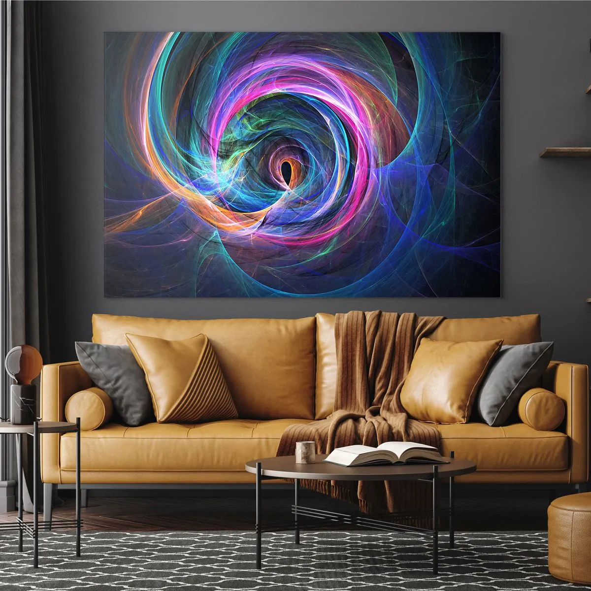 Glasbild - Bild auf glas - Eine abstrakte Spirale in intensiven Farben auf dunklem Hintergrund. - 100x70cm - Wohin wirst du mich bringen? - Moderne Wanddekoration für Wohnzimmer und Schlafzimmer ARTTOR