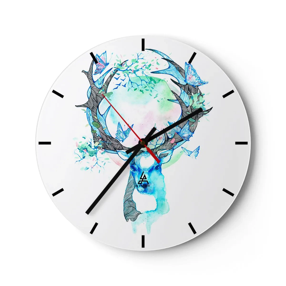 Wanduhr - Glasuhr - Künstlerischer Hirsch mit Zweigen und Schmetterlingen auf weißem Hintergrund - 30x30cm - Die Kraft und Feinheit der Natur - Moderne Wanddekoration für Wohnzimmer, Küche und Schlafzimmer ARTTOR