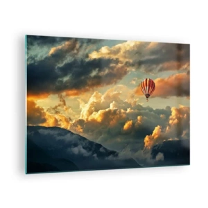 Glasbild - Bild auf glas - Ein Ballon, der bei Sonnenuntergang zwischen den Wolken über den Bergen schwebt - 70x50cm - Ich fliege, weil ich es will - Moderne Wanddekoration für Wohnzimmer und Schlafzimmer ARTTOR