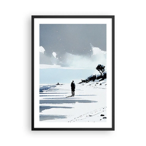 Poster in einem schwarzem Rahmen - Eine einsame Gestalt am Strand in Aquarelltönen - 50x70cm - Allein sein - Moderne Wanddekoration für Wohnzimmer und Schlafzimmer ARTTOR