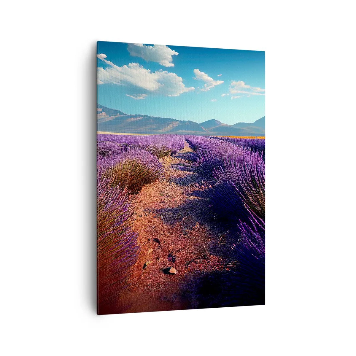 Bild auf Leinwand - Leinwandbild - Ein Lavendelfeld mit Blick auf die Berge und den blauen Himmel - 70x100cm - Duftende Felder - Moderne Wanddekoration für Wohnzimmer und Schlafzimmer ARTTOR