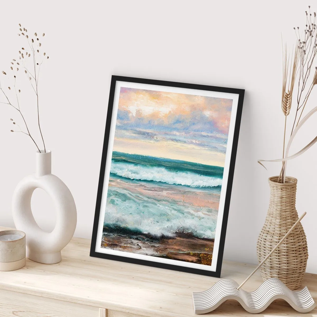 Poster in einem schwarzem Rahmen - Meereswellen bei Sonnenuntergang - 50x70cm - Hier werden Sie Ihre Seele baumeln lassen - Moderne Wanddekoration für Wohnzimmer und Schlafzimmer ARTTOR