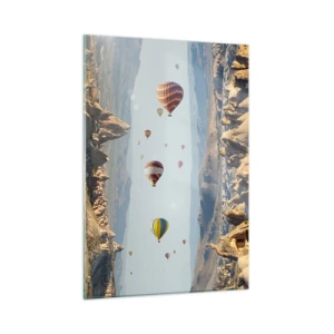 Glasbild - Bild auf glas - Bunte Ballons über der felsigen Landschaft Kappadokiens - 50x70cm - Hier ist alles möglich - Moderne Wanddekoration für Wohnzimmer und Schlafzimmer ARTTOR