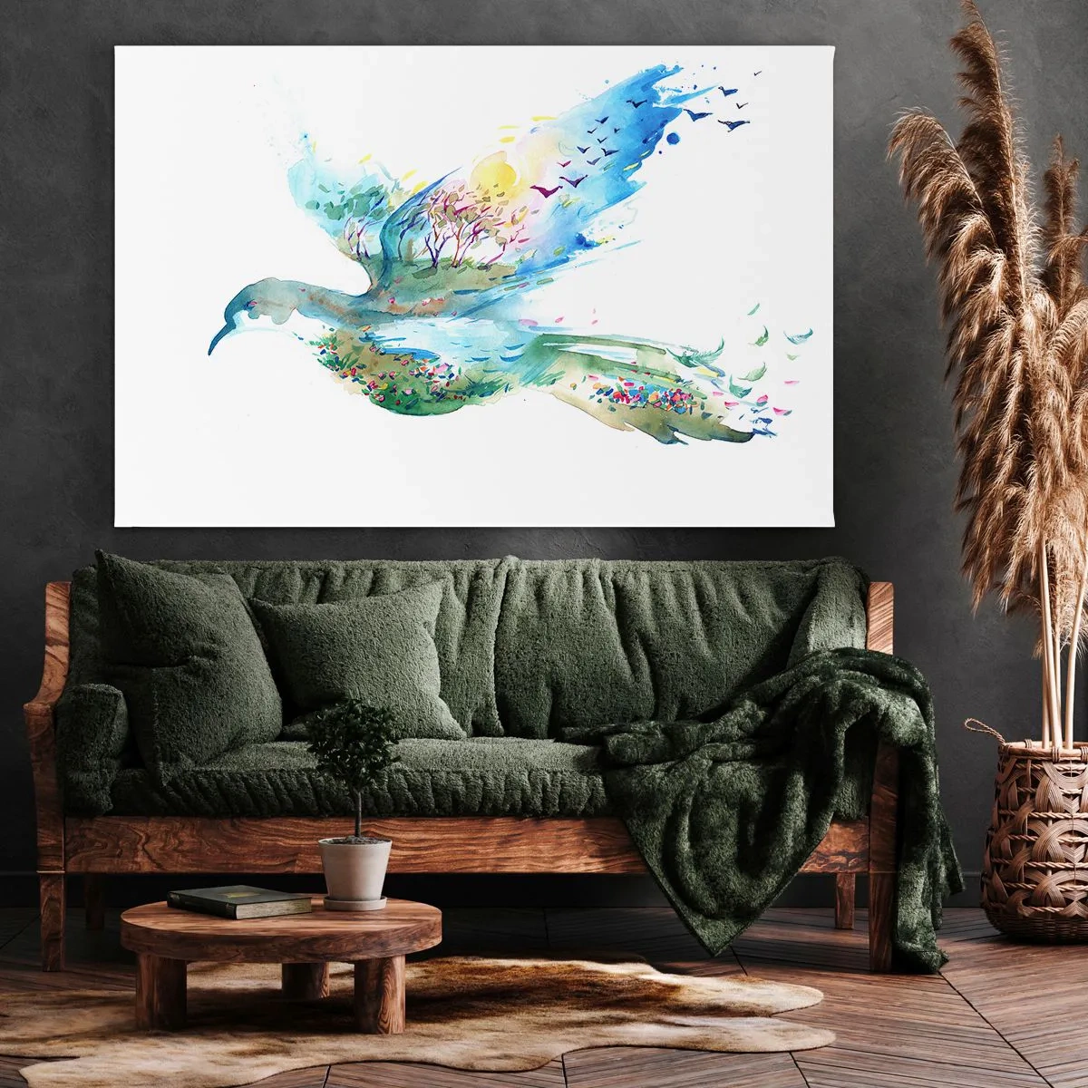 Bild auf Leinwand - Leinwandbild - Aquarellkomposition eines Vogels mit Elementen der Natur - 70x50cm - Auf den Flügeln der Natur - Moderne Wanddekoration für Wohnzimmer und Schlafzimmer ARTTOR