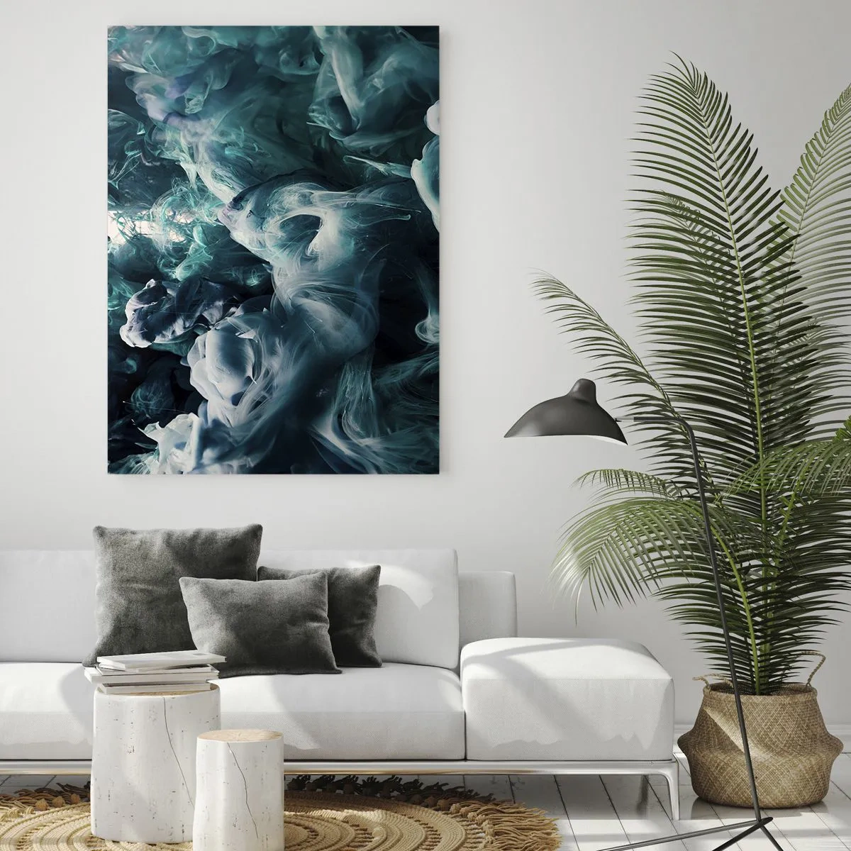 Glasbild - Bild auf glas - Dynamische abstrakte Wellen in Blau- und Weißtönen - 80x120cm - Farbbewegung - Moderne Wanddekoration für Wohnzimmer und Schlafzimmer ARTTOR