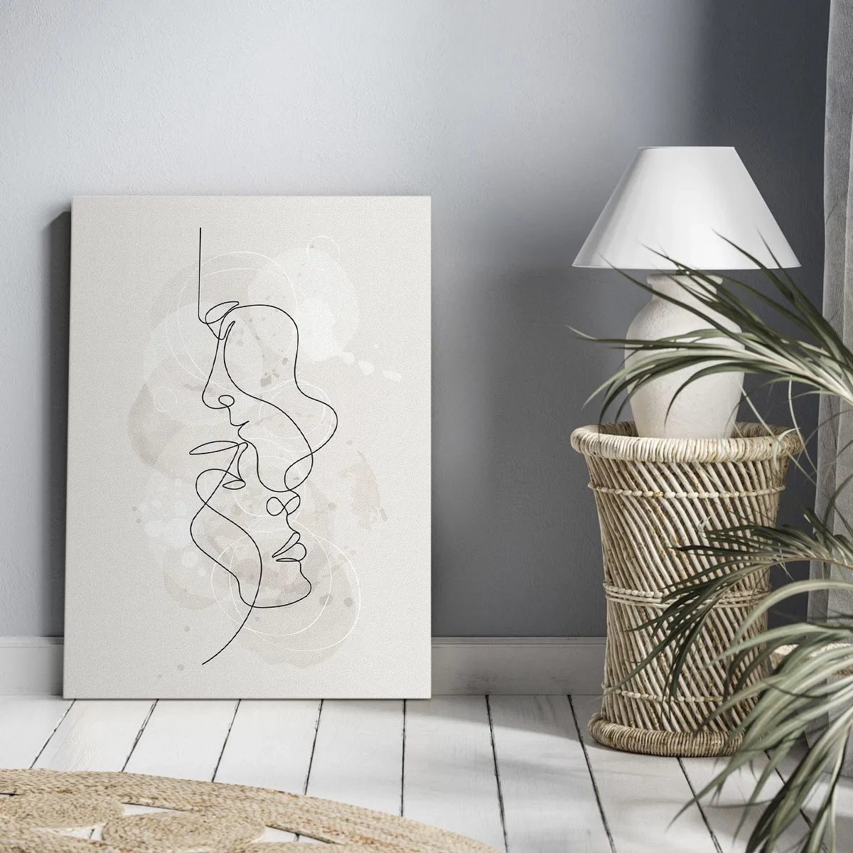 Bild auf Leinwand - Leinwandbild - Abstrakte Umrisse zweier Gesichter auf hellem Hintergrund - 50x70cm - Verstrickt in eine Umarmung - Moderne Wanddekoration für Wohnzimmer und Schlafzimmer ARTTOR