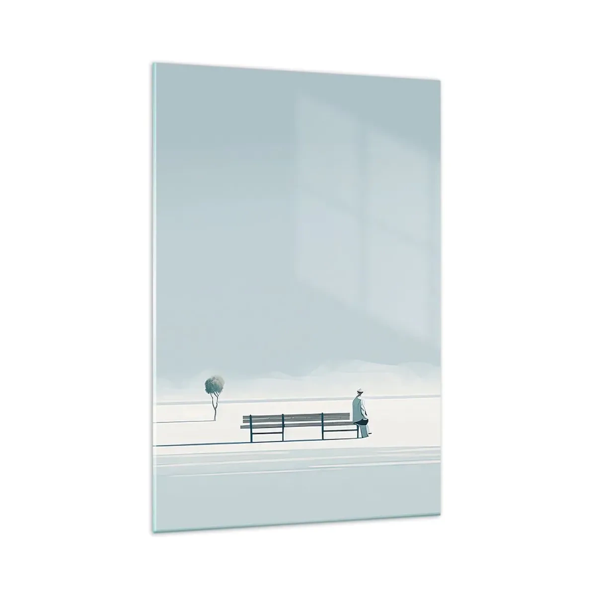 Glasbild - Bild auf glas - Eine Person, die auf einer Bank in einer minimalistischen Landschaft sitzt - 70x100cm - Ja, ich warte. - Moderne Wanddekoration für Wohnzimmer und Schlafzimmer ARTTOR