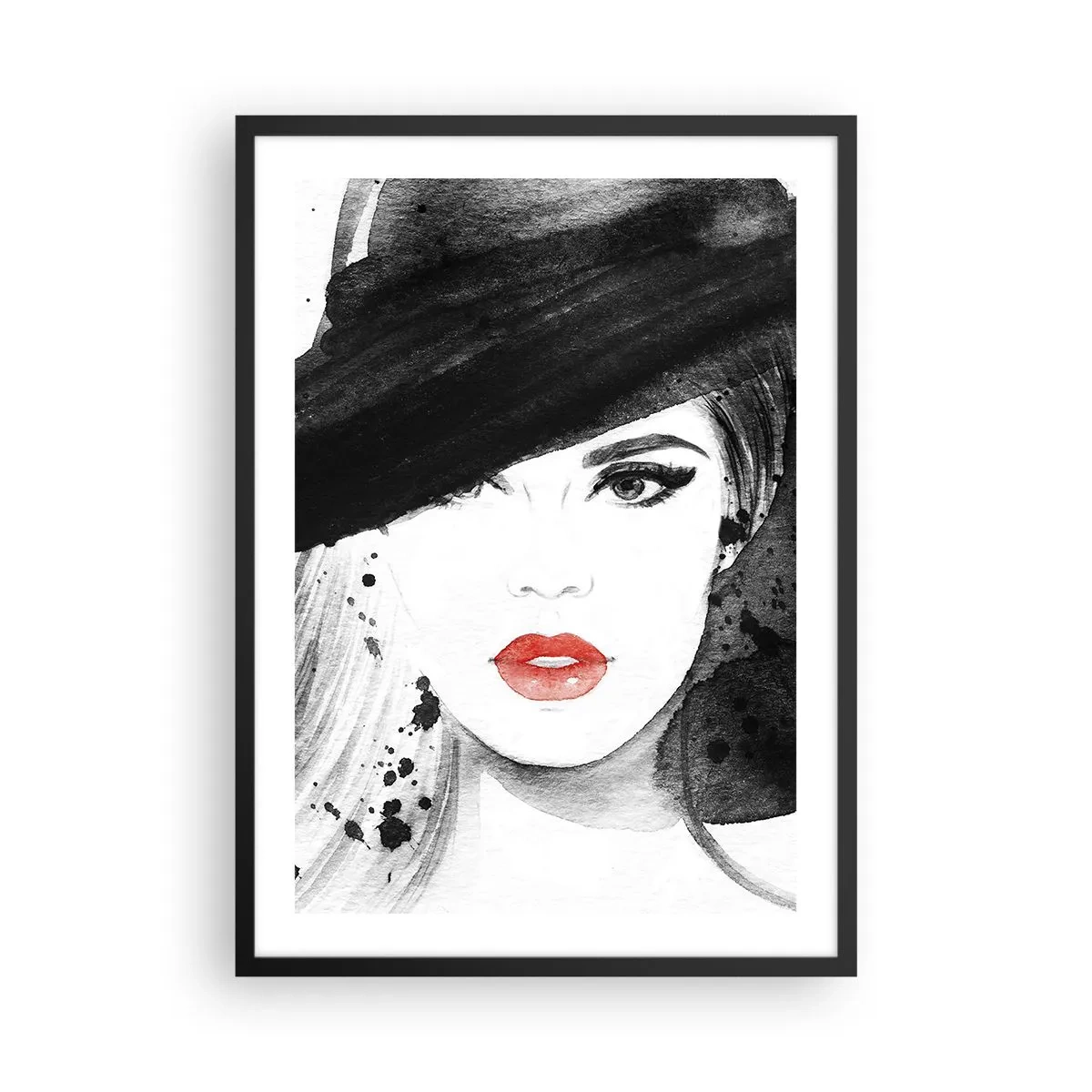 Poster in einem schwarzem Rahmen - Porträt einer Frau mit Hut und rotem Lippenakzent - 50x70cm - Frau in schwarz - Moderne Wanddekoration für Wohnzimmer und Schlafzimmer ARTTOR