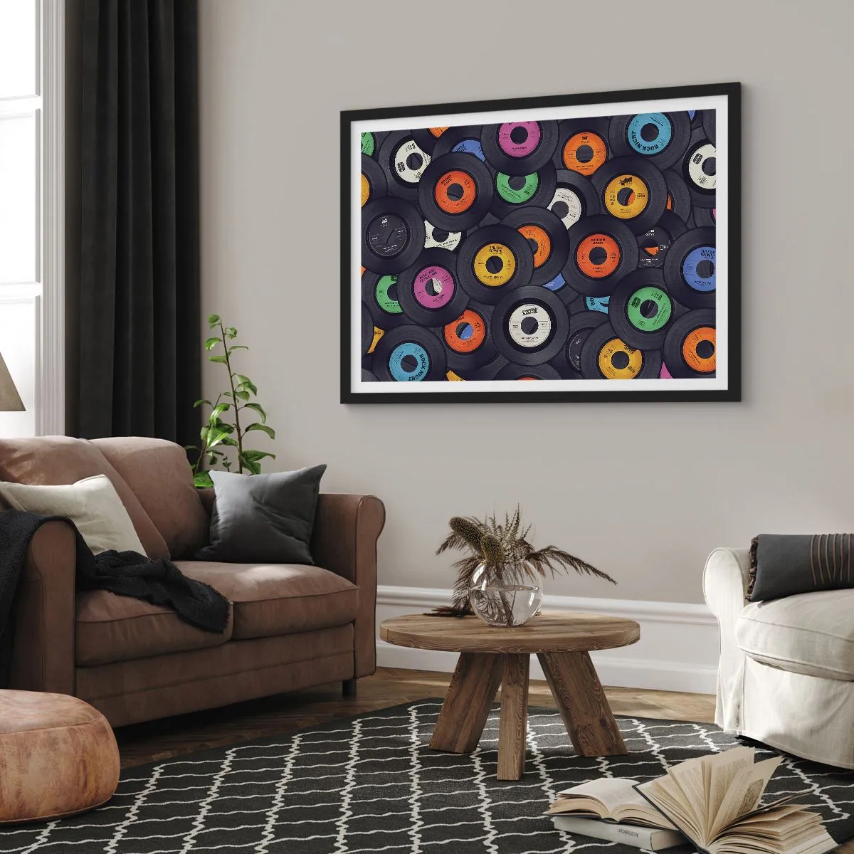 Poster in einem schwarzem Rahmen - Bunte Vinyls übereinander gestapelt - 70x50cm - Farben der Klassiker - Moderne Wanddekoration für Wohnzimmer und Schlafzimmer ARTTOR