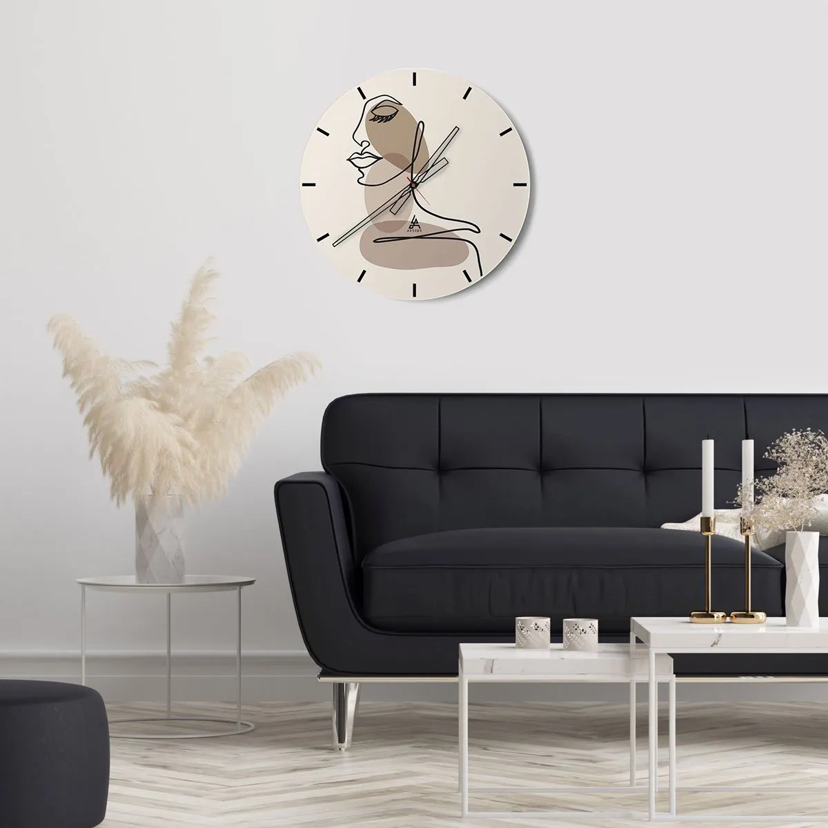 Wanduhr - Glasuhr - Ein minimalistisches Frauenporträt im Line-Art-Stil mit beigen Punkten. - 30x30cm - Eine gewisse Linie der Schönheit - Moderne Wanddekoration für Wohnzimmer, Küche und Schlafzimmer ARTTOR
