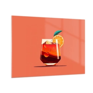 Glasbild - Bild auf glas - Ein farbenfrohes Getränk mit Orange auf einem warmen Pfirsichhintergrund - 70x50cm - Sommerliche Erfrischung - Moderne Wanddekoration für Wohnzimmer und Schlafzimmer ARTTOR