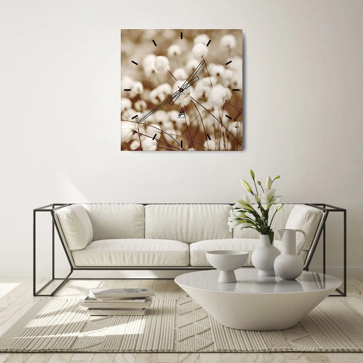 Wanduhr - Glasuhr - Ein Feld mit zarten Pflanzen in Sepiatönen - 30x30cm - Flauschiges Kornfeld - Moderne Wanddekoration für Wohnzimmer und Schlafzimmer ARTTOR