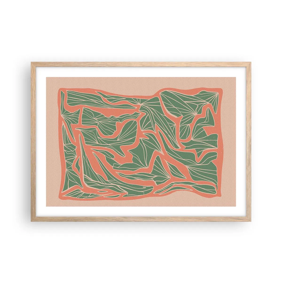 Poster in einem Rahmen aus heller Eiche - Kampf zwischen Korallen und Grün - 70x50 cm