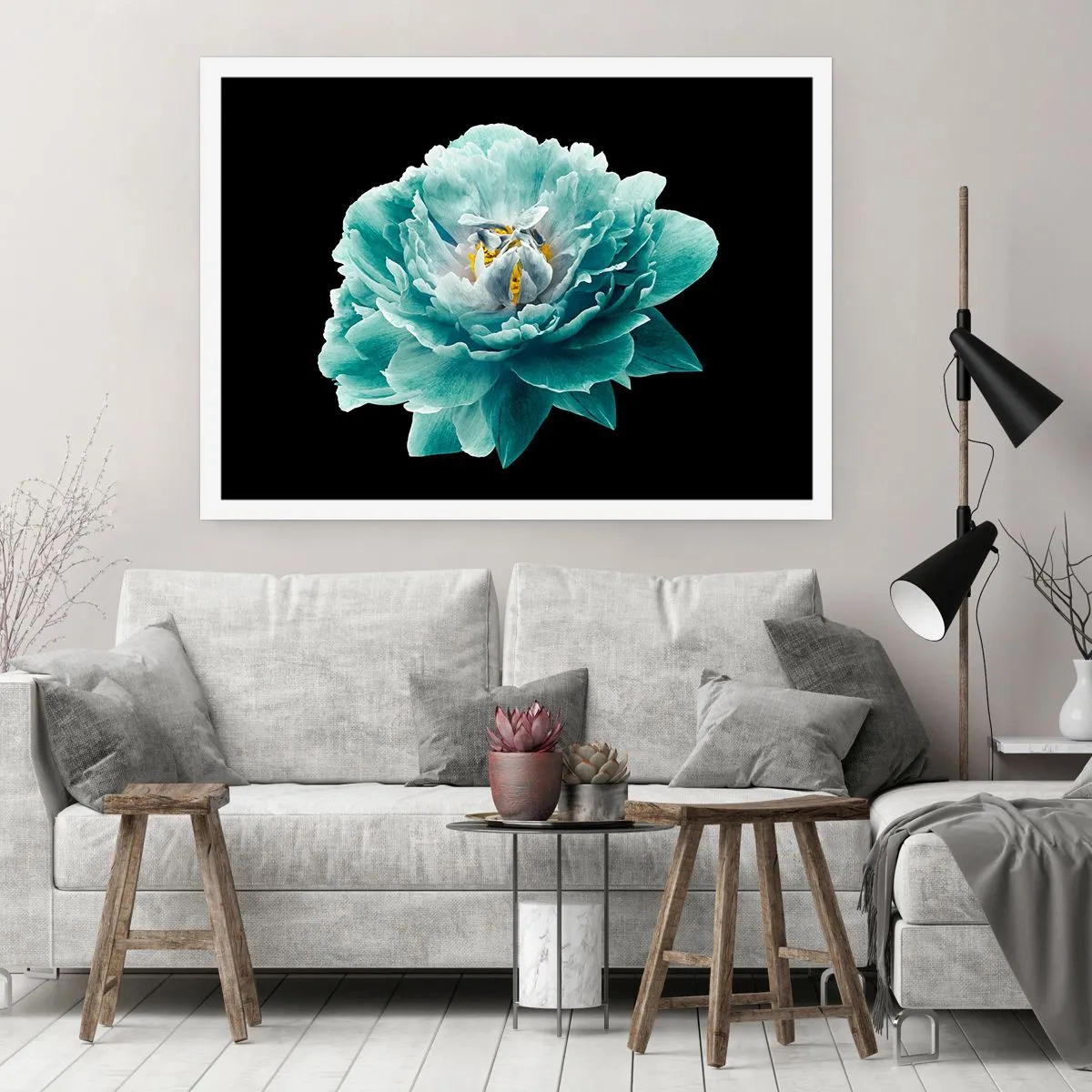 Poster - Türkisfarbene Pfingstrose auf schwarzem Hintergrund - 100x70cm - Blaue und goldene Blütenblätter - Moderne Wanddekoration für Wohnzimmer und Schlafzimmer ARTTOR
